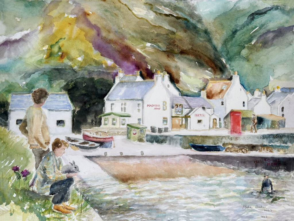Painting from the movie Local Hero. The real village is called Pennan in the North East of Scotland and in the movie it is called Ferness.