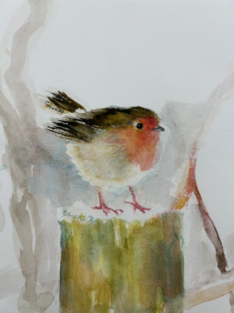 painting of a robin on a tree stump from a photograph by Rosemary Stubbs